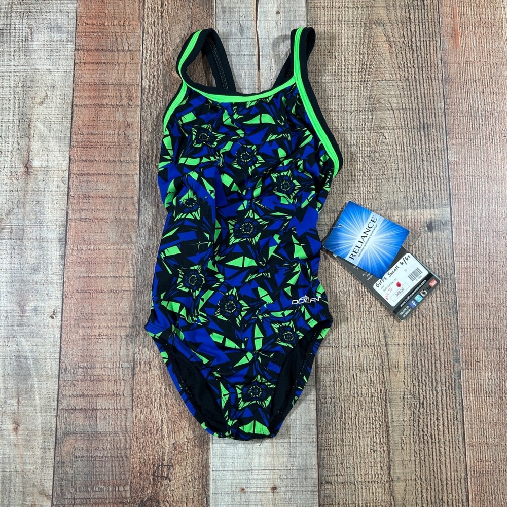 Dolfin Reliance Girls One Piece Swimsuit Blue Green Geometric Floral 6/6x
